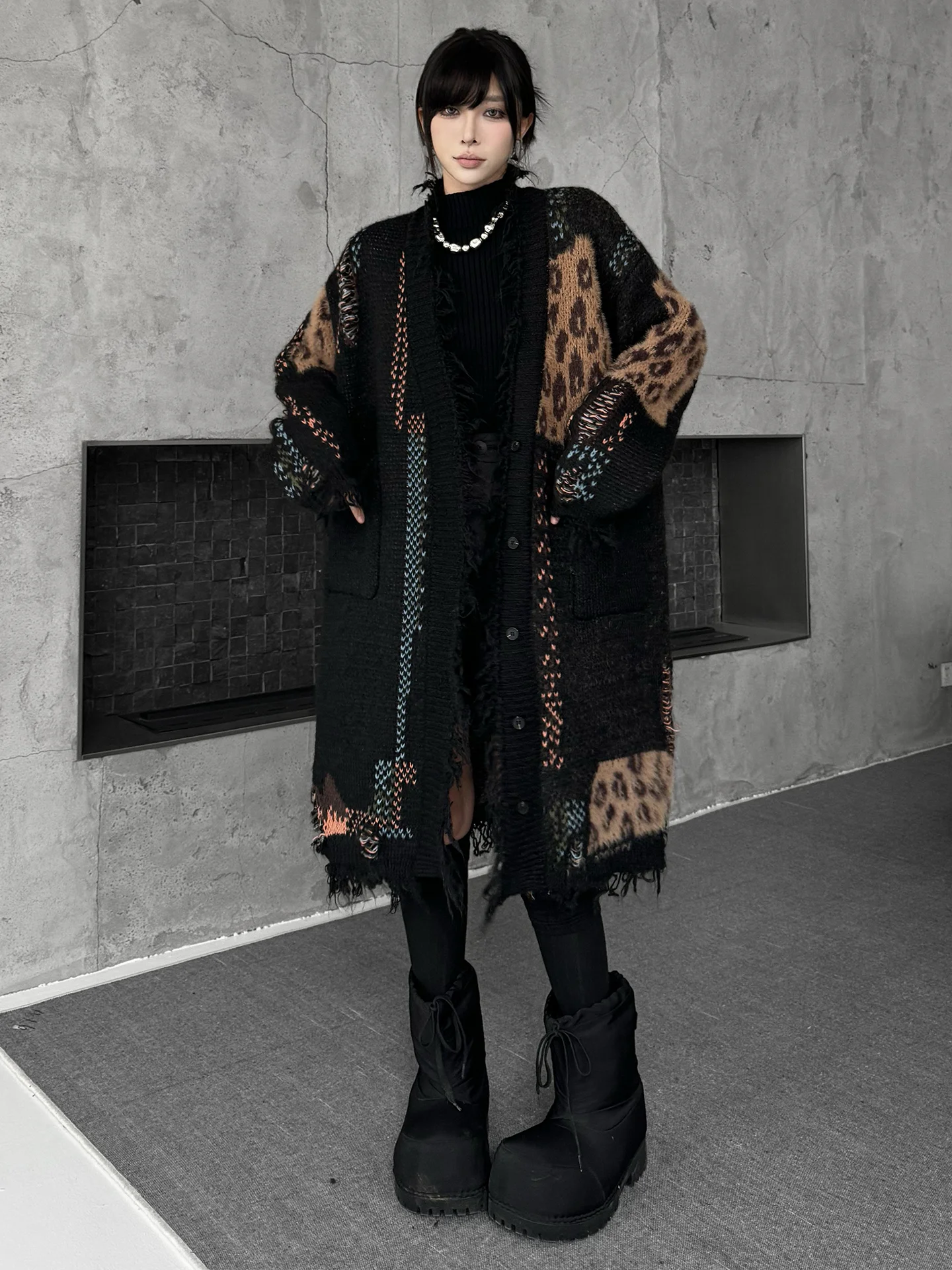 

Street Sle Loose Knitted Leopard Print Patchwork Sweater Coat Women's Spring Autumn Medium Length V-Ne Long Sve Cardigan