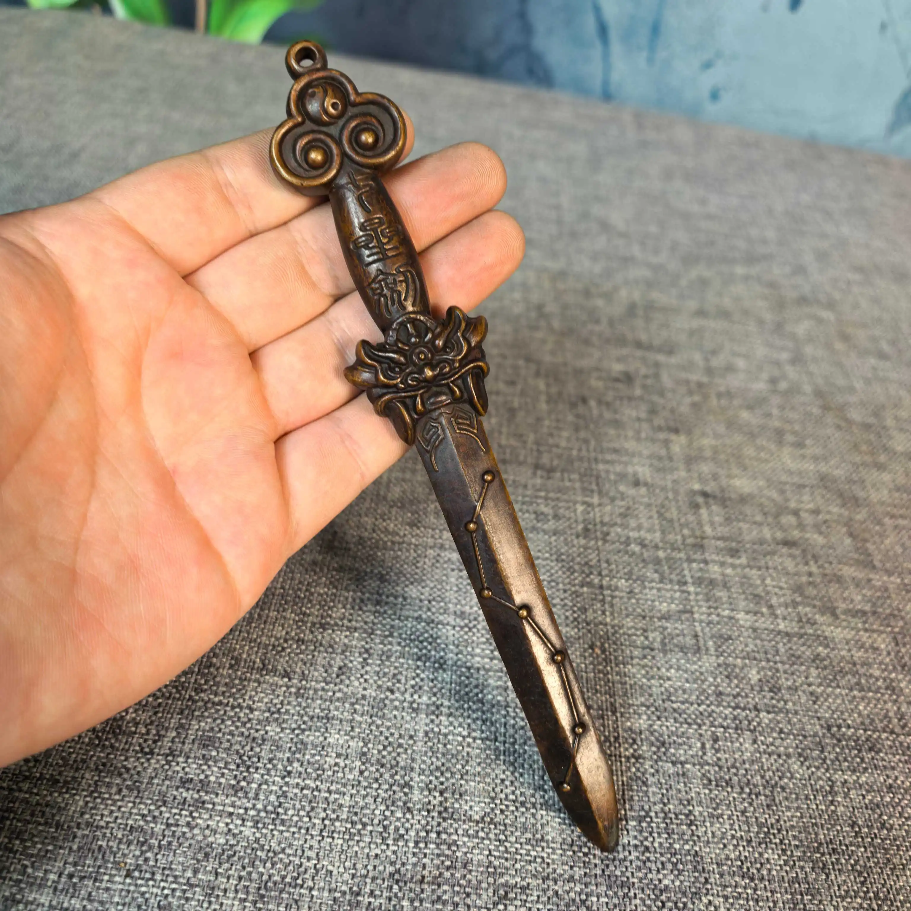 

8"Tibetan Temple Collection Old Brass Seven star sword Lion Head Pattern Wenshu Sword Vajra Phurpa Amulet Town house