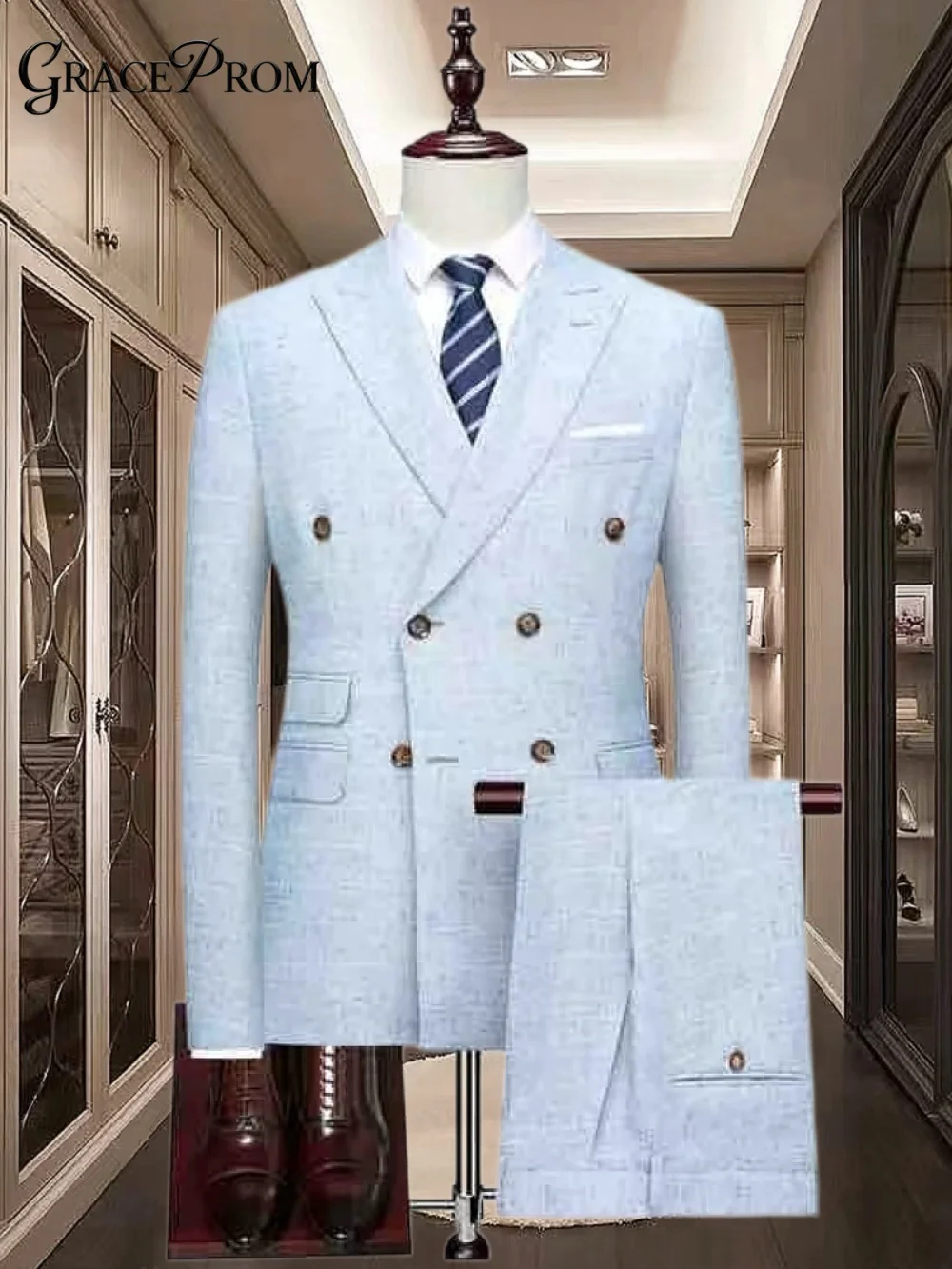 

Stylish Light Blue Linen Double Breasted Mens 2 Piece Suit Formal Business Wedding Groom Prom Party Blazer Pants Set For Daily