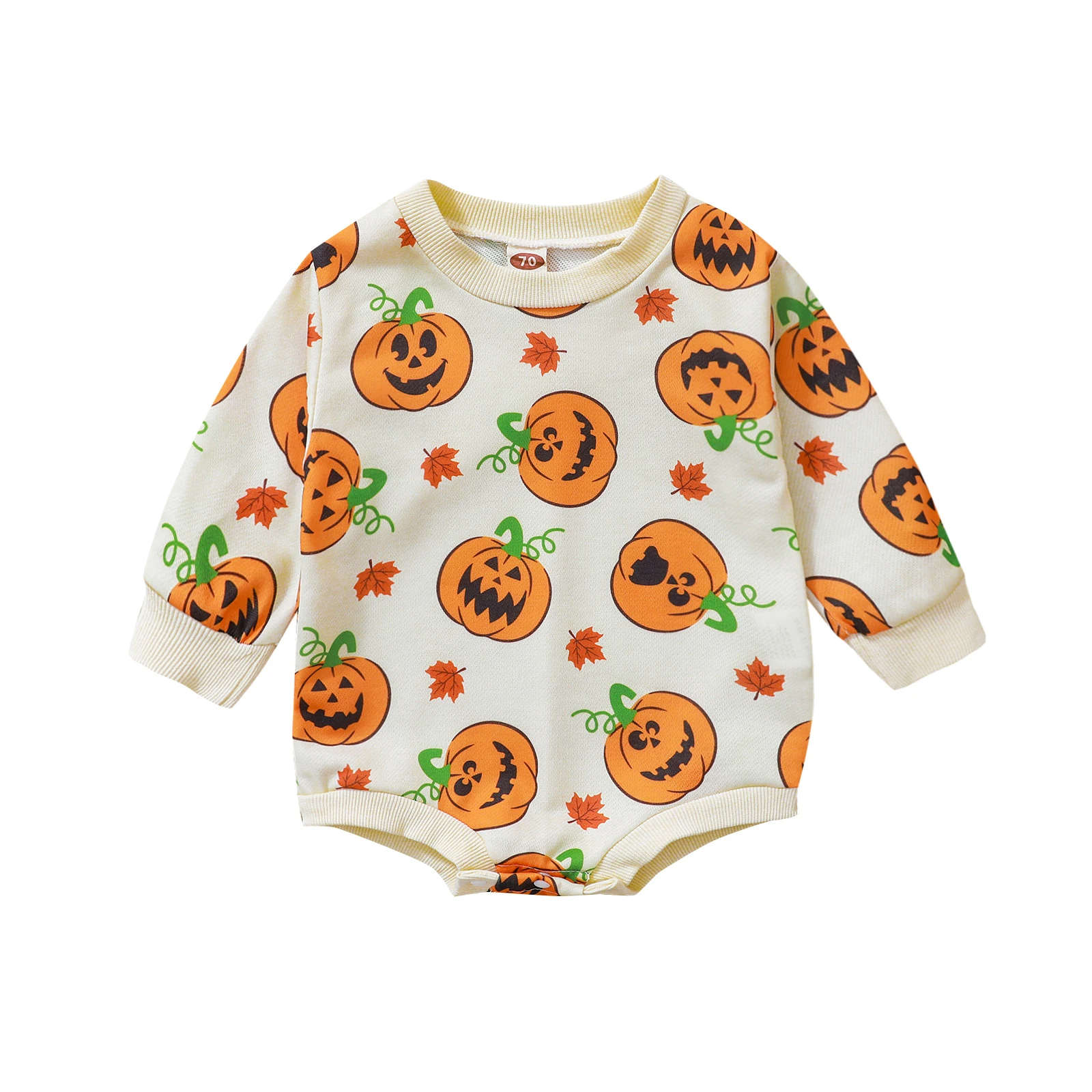 Halloween Baby's Clothes Kids Romper Long Sleeve Round Neck Pumpkin Maple Leaf Pattern Ribbed Cuff Jumpsuit Children's Clothing