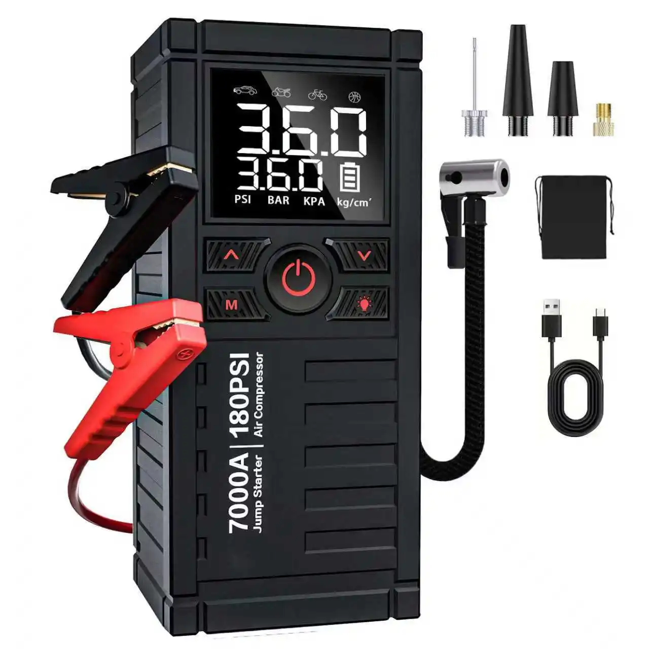 7000A Car Battery Jump Starter with Air Compressor - Auto Portable Tire Inflator 29800mAh Battery Power Pack for 9.0L Gas and 8.0L Diesel Engines, Battery Booster Pack Jumper Box Power Bank USB QC3.0, Digital Display, Smart Jumper Cables,Storage Bag