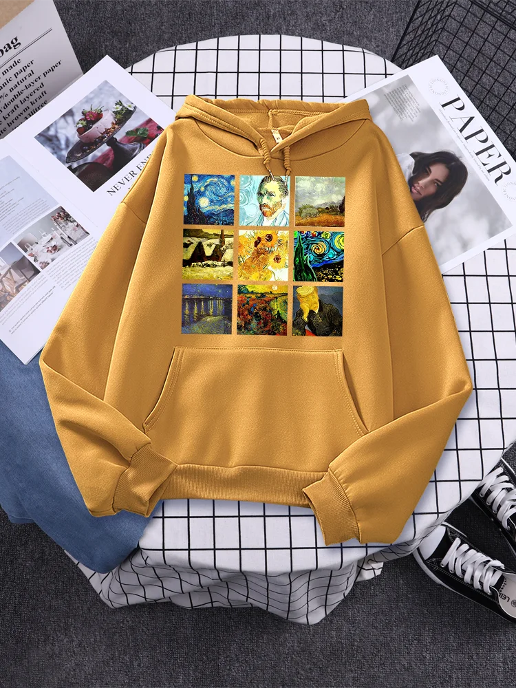 Van Gogh Works Sanskrit Print Hoodie For Women Autumn Crewneck Sweatshirt Fleece Loose Hoodies Vintage Pullover Female Clothing