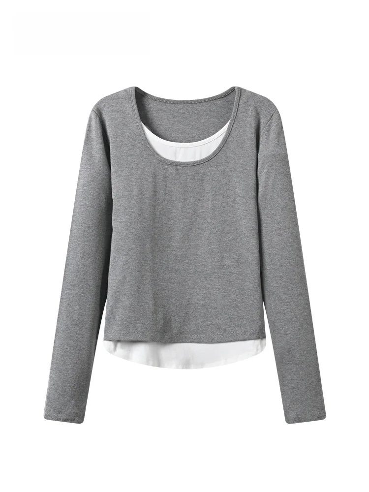 

plus Size Long Sleeve T-Shirt Women's Base Layer Shirt Conceal Meat Slimming Spring New Style Sweet Style Cotton Blend