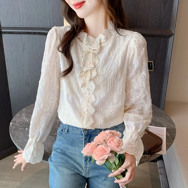 Fashion Long Sleeve Bow Women Shirt Lace Ruffled Shirt Blouse Women Tops Camisas Blusas Camisas De Muje Blusas Para Mujer M649