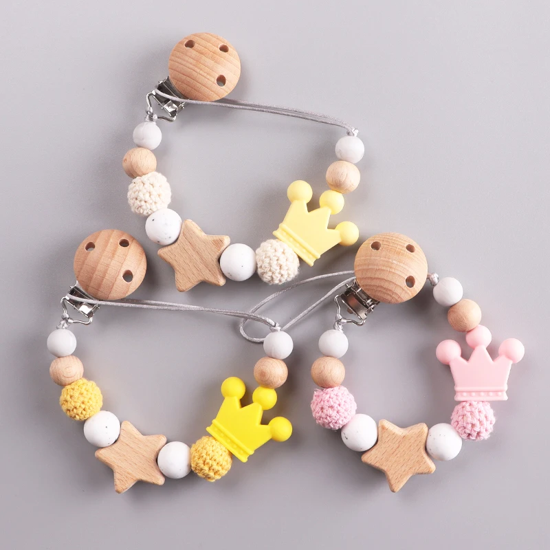 

New Baby Crown Pacifier Chain Clips Wood Pentagram Teether Silicone Round Beads Teething Chain For Care Soother Chew Toys