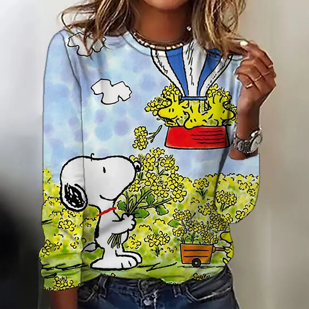 2024 New Women\'s Round Neck Long Sleeve T-shirt Snoopy Printed Casual Elegant Women\'s Long T Street Clothing