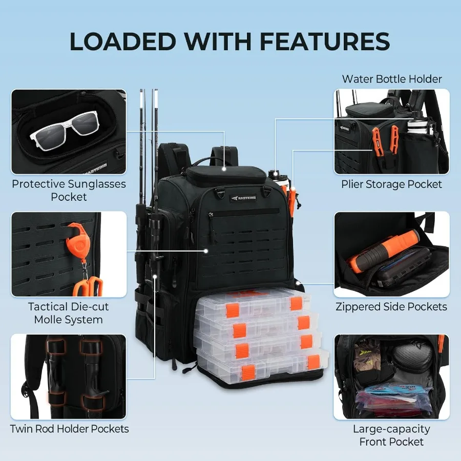 حقيبة ظهر لصيد الأسماك من Bait Boss مع حامل قضيب للصيادين 4 صناديق معالجة وغطاء للمطر واسع بسعة 45 43 لترًا كبيرة الحجم #3