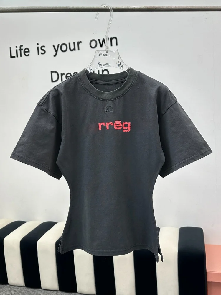 

Summer Waed ort Sve T-irt Women's Waist-Cinched Faded Letter Faucet Letter Print Moisture-ng Commute Sle