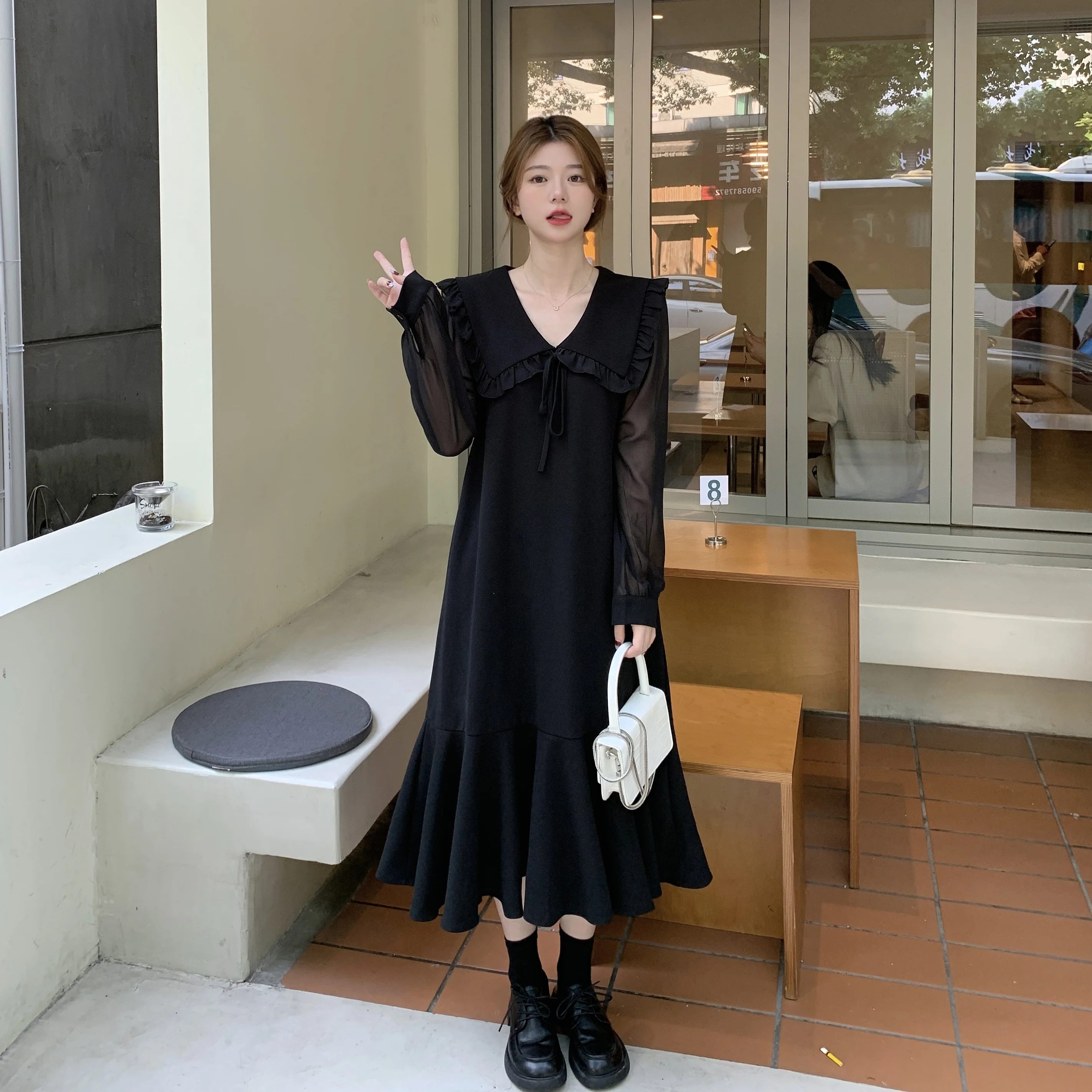 

Повседневный кукольный воротник больших размеров, длинное платье для похудения, свободный крой, весна-осень, Новое поступление, женский модный сарафан