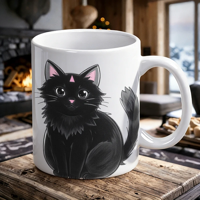 

Cute Mystical Black Cat Mug, Adorable Fluffy Kitten Ceramic Cup, Milk Cup, Office Tea Cup, Drinking Cup, Gift for Friends