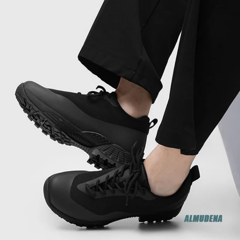 Black Mesh Men's Hiking Shoes Round Toe Lace-Up Non-Slip Thick Sole Outdoor Trekking Urban Breathable Fashion Work Sports Shoes