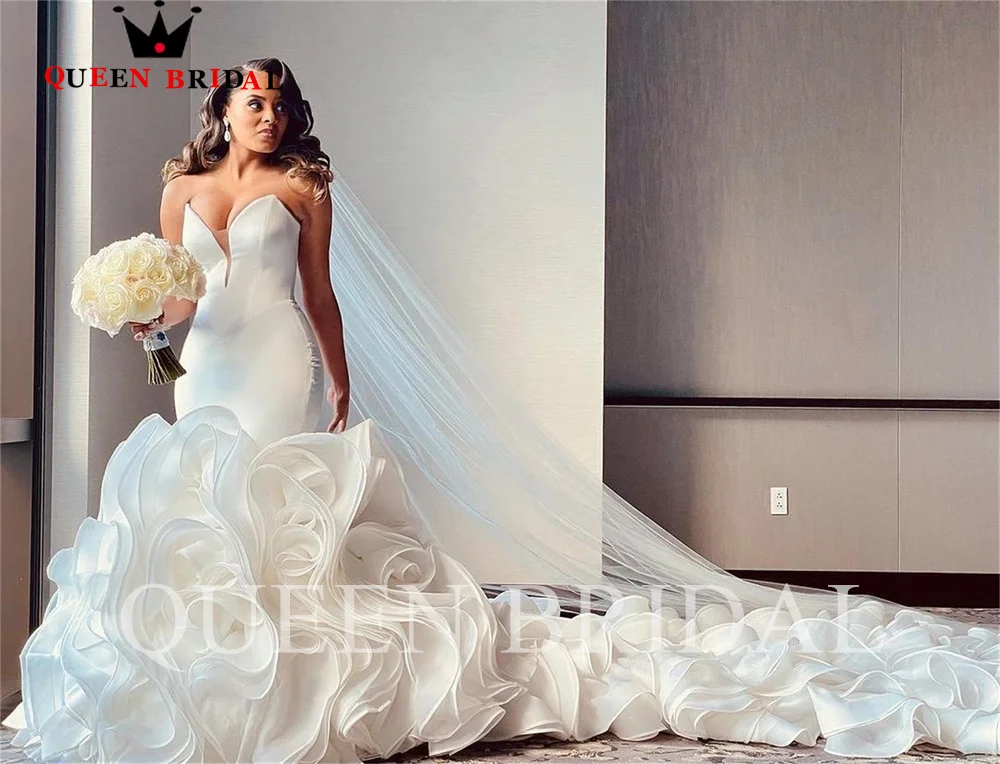 Sexy Mermaid Wedding Dresses Strapless Ruffle Train Satin Tulle 2023 New Design Elegant Bridal Gown Custom Made JT49M