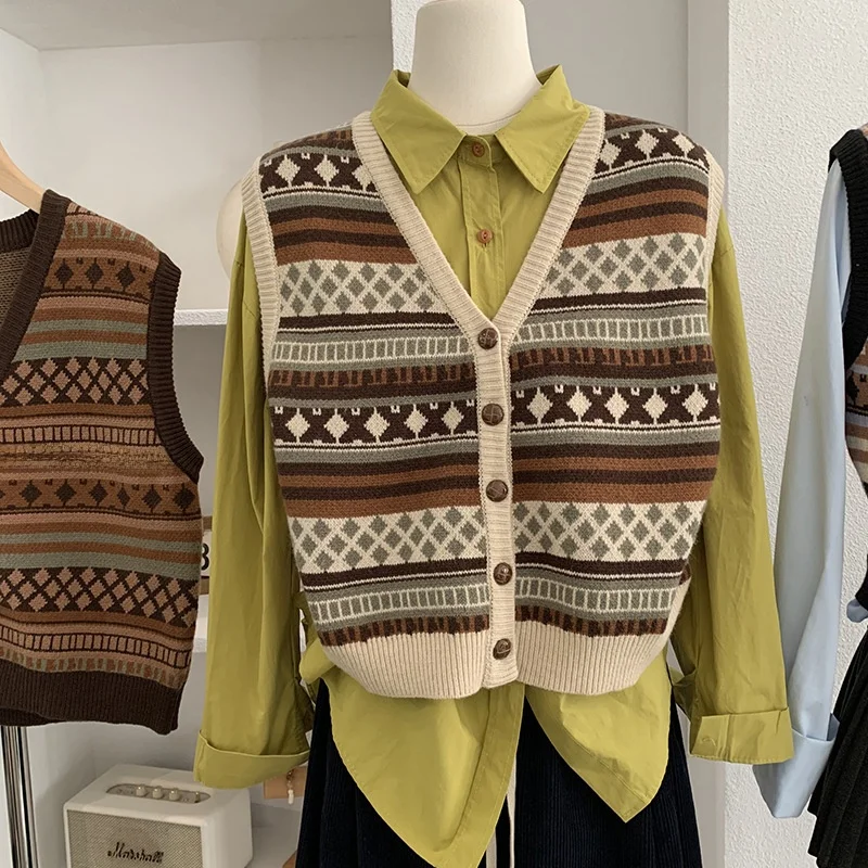 

Retro Knitted V-Ne Sweater Vest Women's Loose Slimming Single Button Autumn Winter New Sle Fce-Lined Faion Top