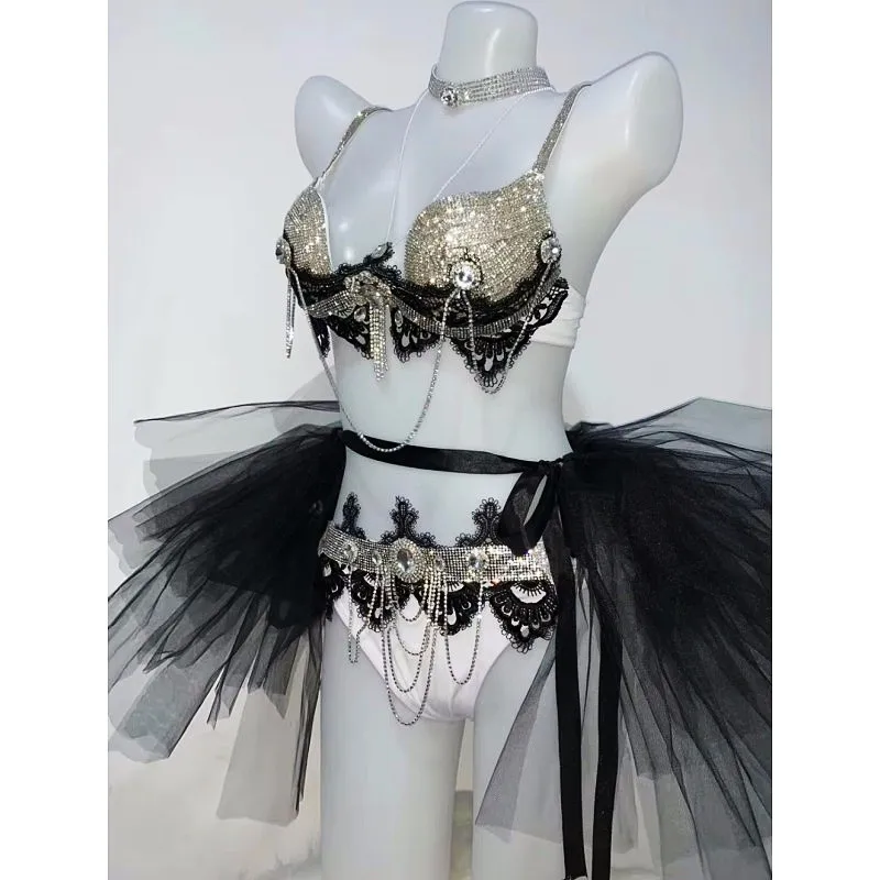 Sexy Nightclub Club DJ Gogo Dance Costume Sparkly Rhinestones Bikini Gauze Mini Skirt Music Festival Rave Outfit Show Stage Wear