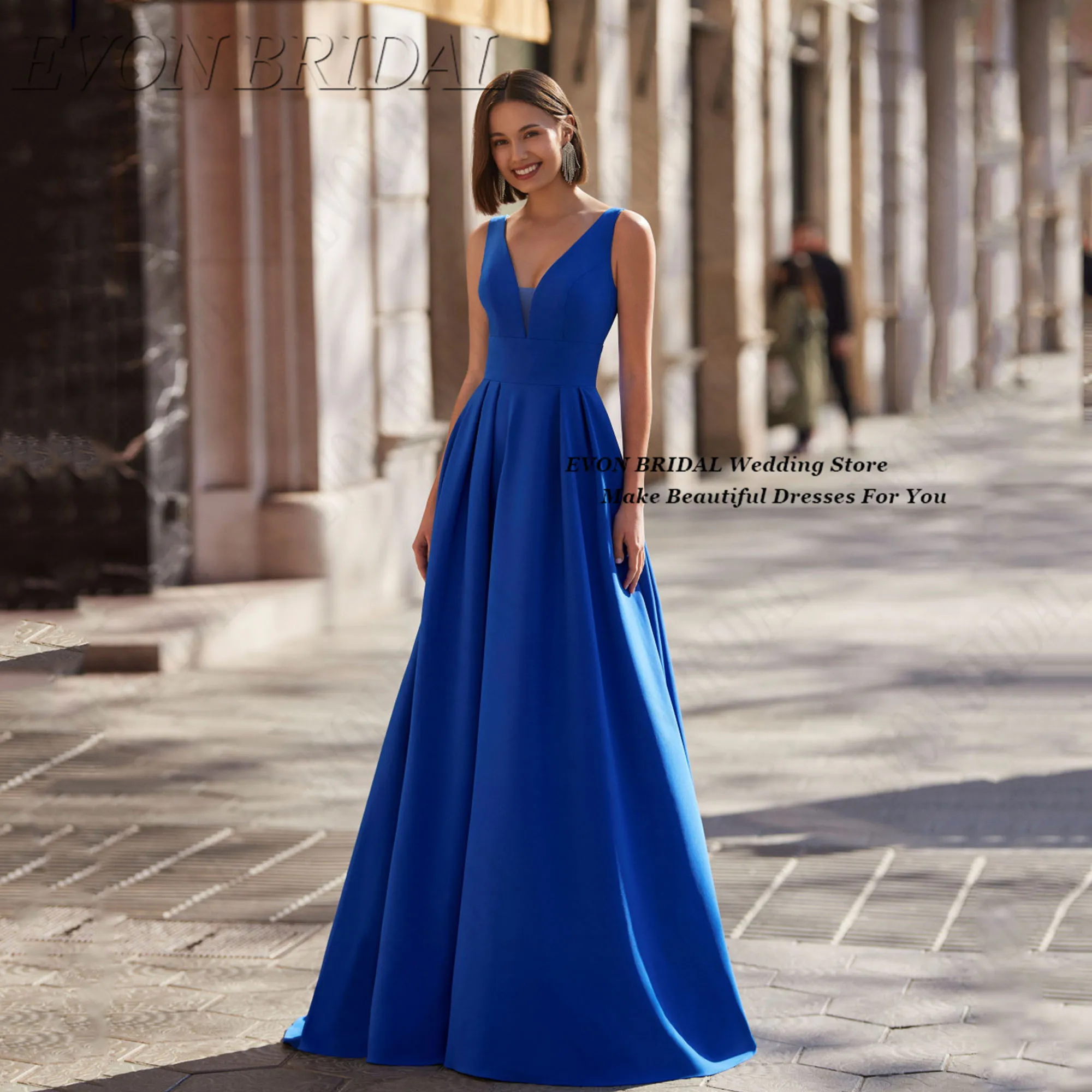 

EVON BRIDAL Royal Blue Evening Gown A-Line Simple Generous Party Prom Dress Class V-Neck Satin Cocktail Dresses Customized
