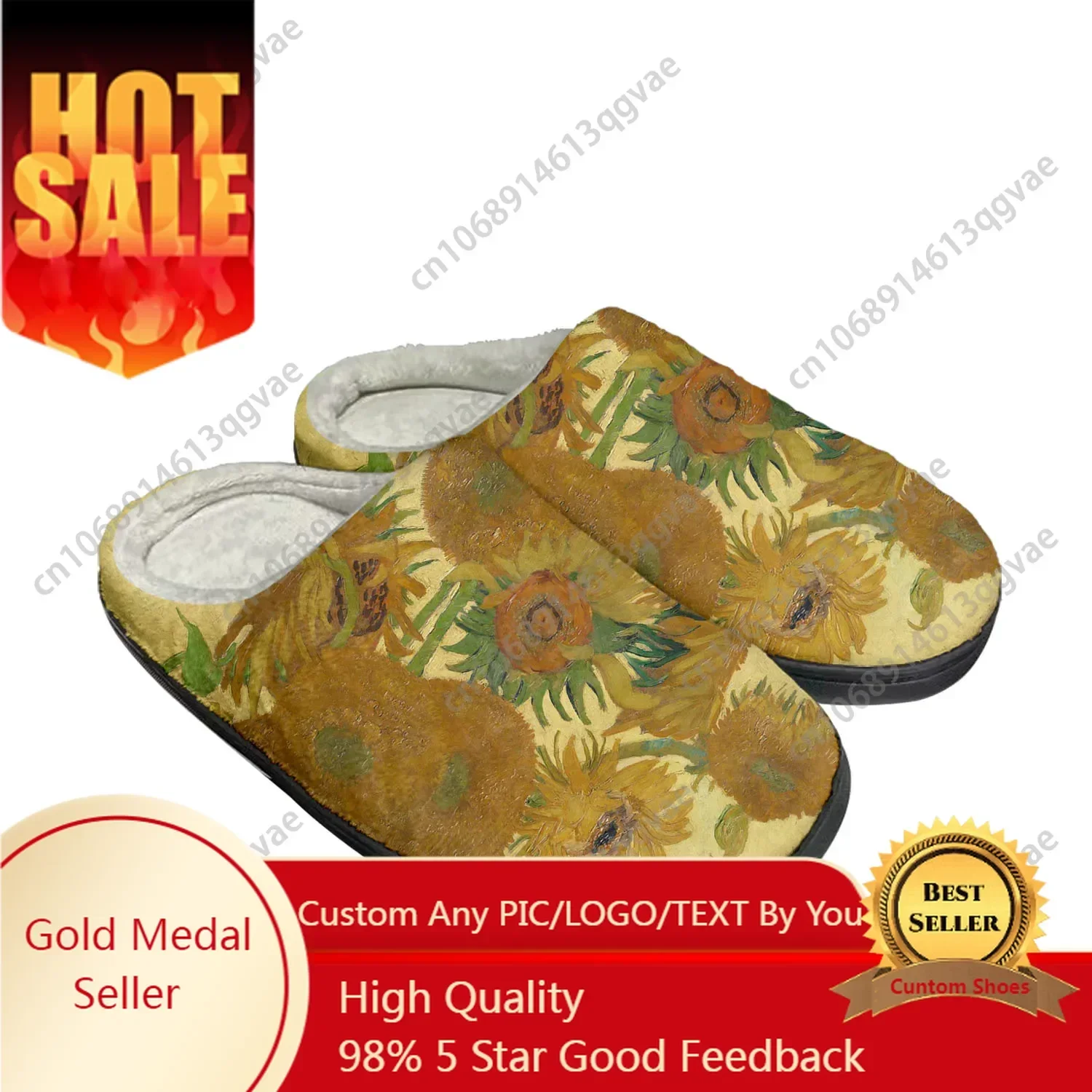 

Van Gogh Oil Painting Sunflower Home Cotton Custom Slippers Mens Womens Sandals Plush Bedroom Keep Warm Shoes Thermal Slipper