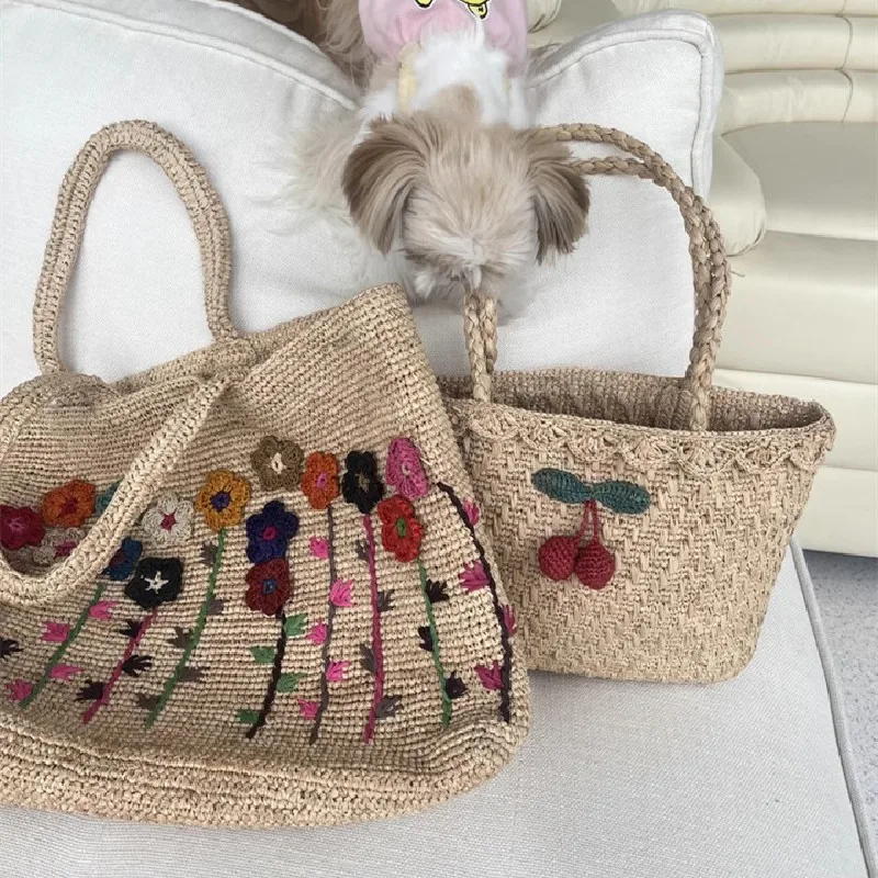 Large Capacity Raffia Grass Woven Tote Straw Bag Color-blocking Handle Woven Handbag Women's Summer Vacation Travel Beach Bag