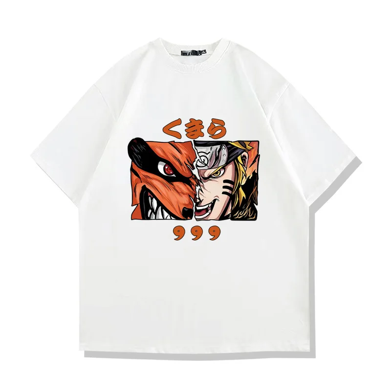 Naruto Uzumaki Kurama Split Face Anime T-Shirt for Men Women, 9 Tails Kyuubi Graphic Casual Oversized Streetwear Black Tee