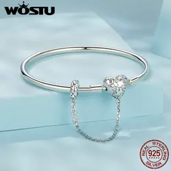 WOSTU Hot 925 Sterling Silver Retro Heart Bracelet Safty Chain DIY Bangle With Zircon for Women Date Wedding Party Jewelry Gift