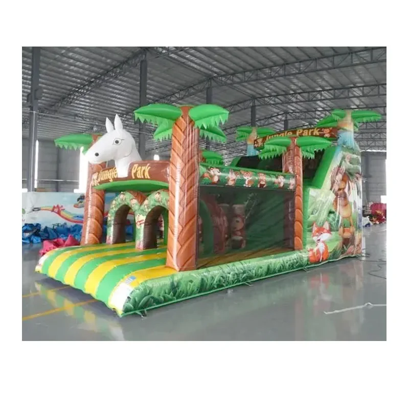 Commercial juegos inflables infantil EN-14960 bouncy castle fun run game for kids adult animal jungle inflatable obstacle course