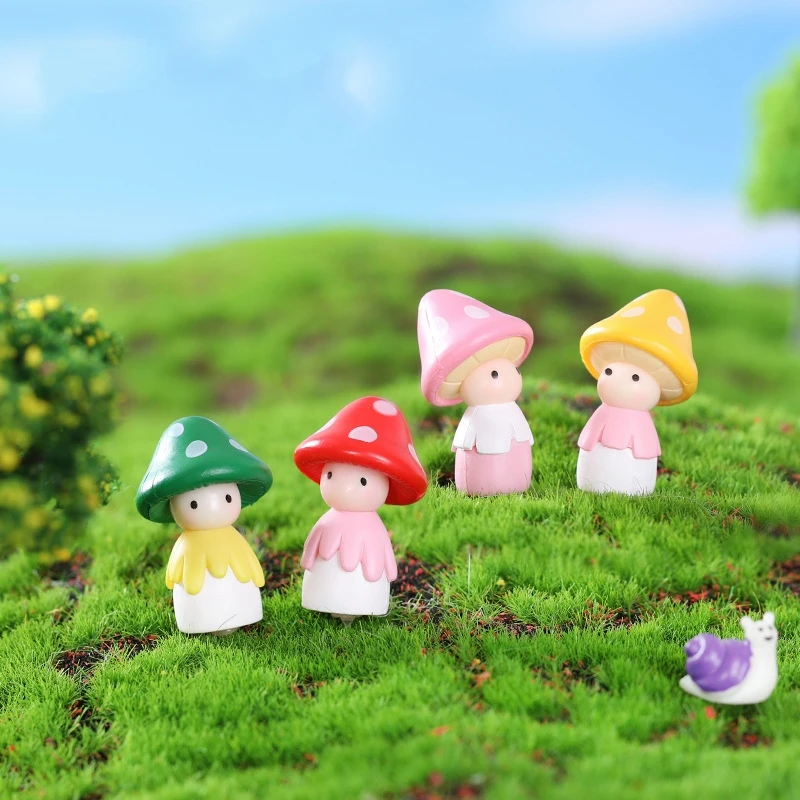 10Pcs Mushroom House Miniature Figurine Fairy Garden Accessory Home Decoration Cartoon Baby Mushroom Statue Resin Craft Doll Car