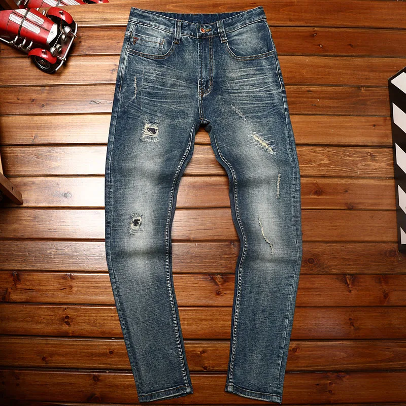 

Hole & patch blue jeans men's straight slim fit 2024 new fashion elastic spring and autumn casual long pants