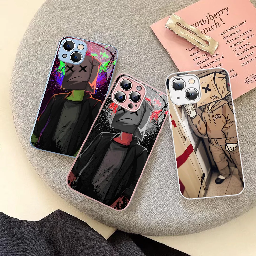 

Cartoon Box Man Phone Case Tempered Glass For Iphone 14 13 12 11 Pro Mini XS MAX 14Plus X XS XR Cover