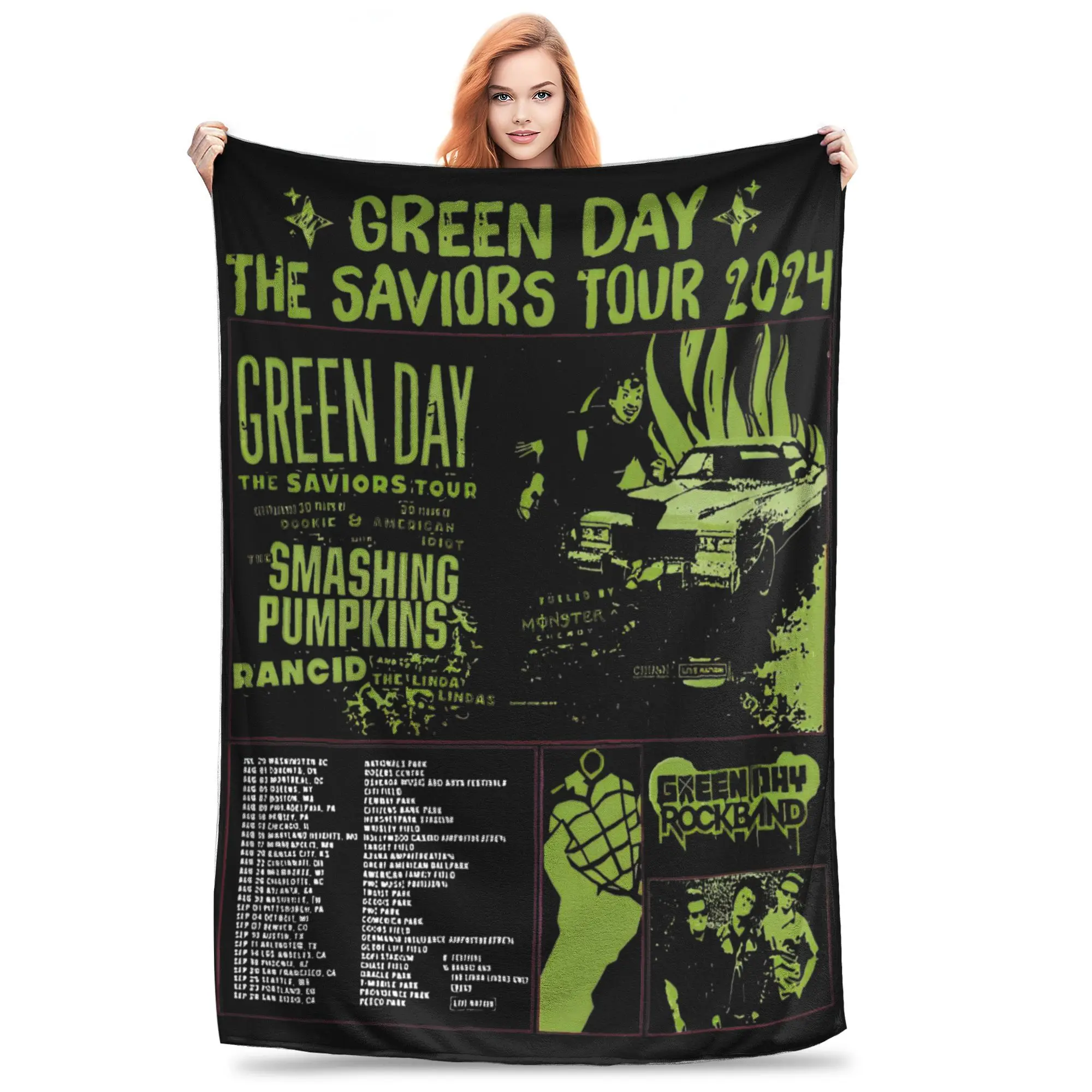 Super Soft Green Day Saviors Tour 2024 Throw Blanket Premium Flannel Fleece Lightweight Bed Blanket Cozy Warm Blanket All Season