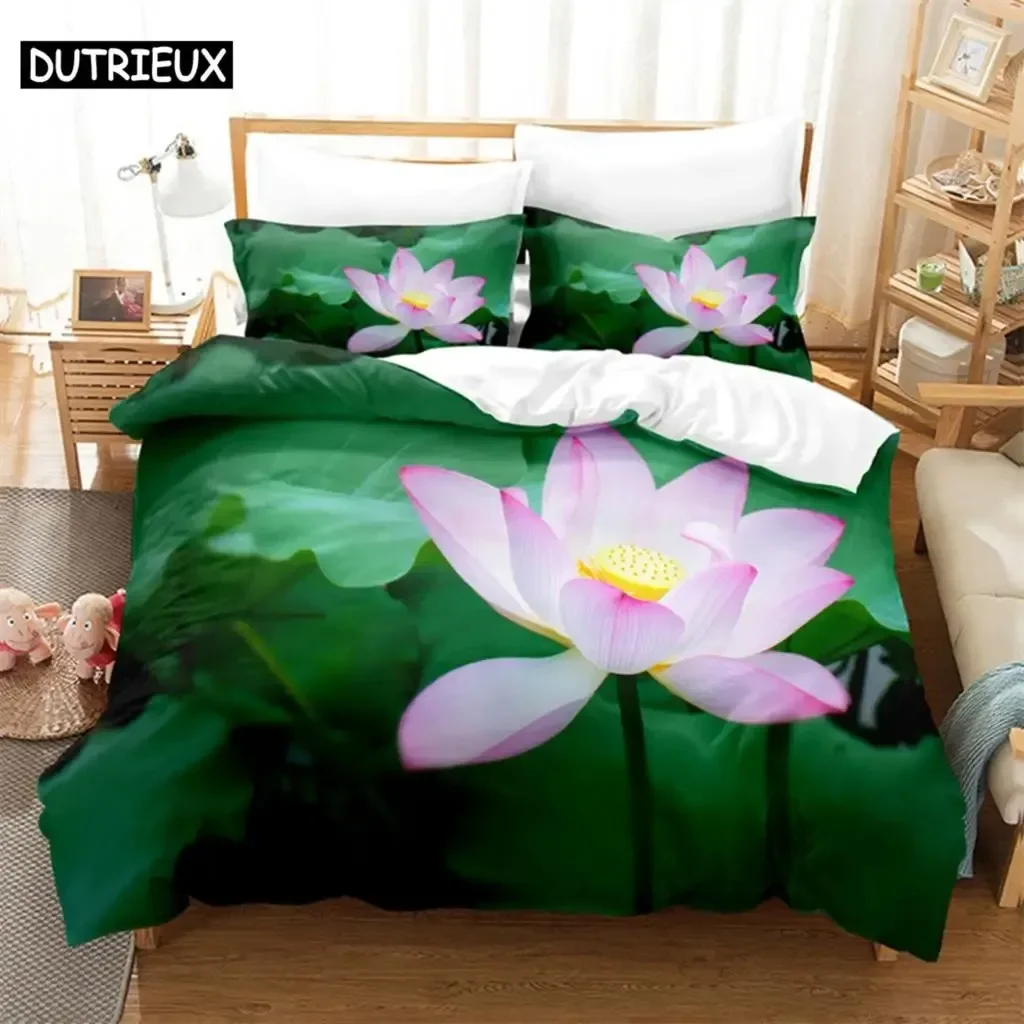 Pink Lotus Queen Bedding Set Green Duvet Cover Set Kids Bedding Digital Printing Bed Linen King Size Duvet Cover