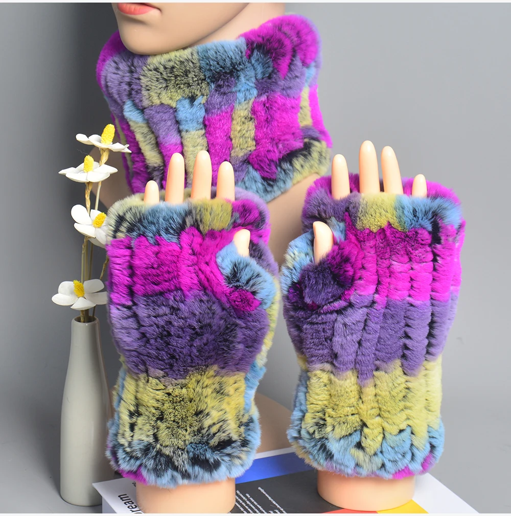 One Set Women Real Rex Rabbit Fur Cuff+Headband Winter Warmer Hat Arm Wrist Sleeve Gloves Female Real Fur Cap+Elastic Wristband