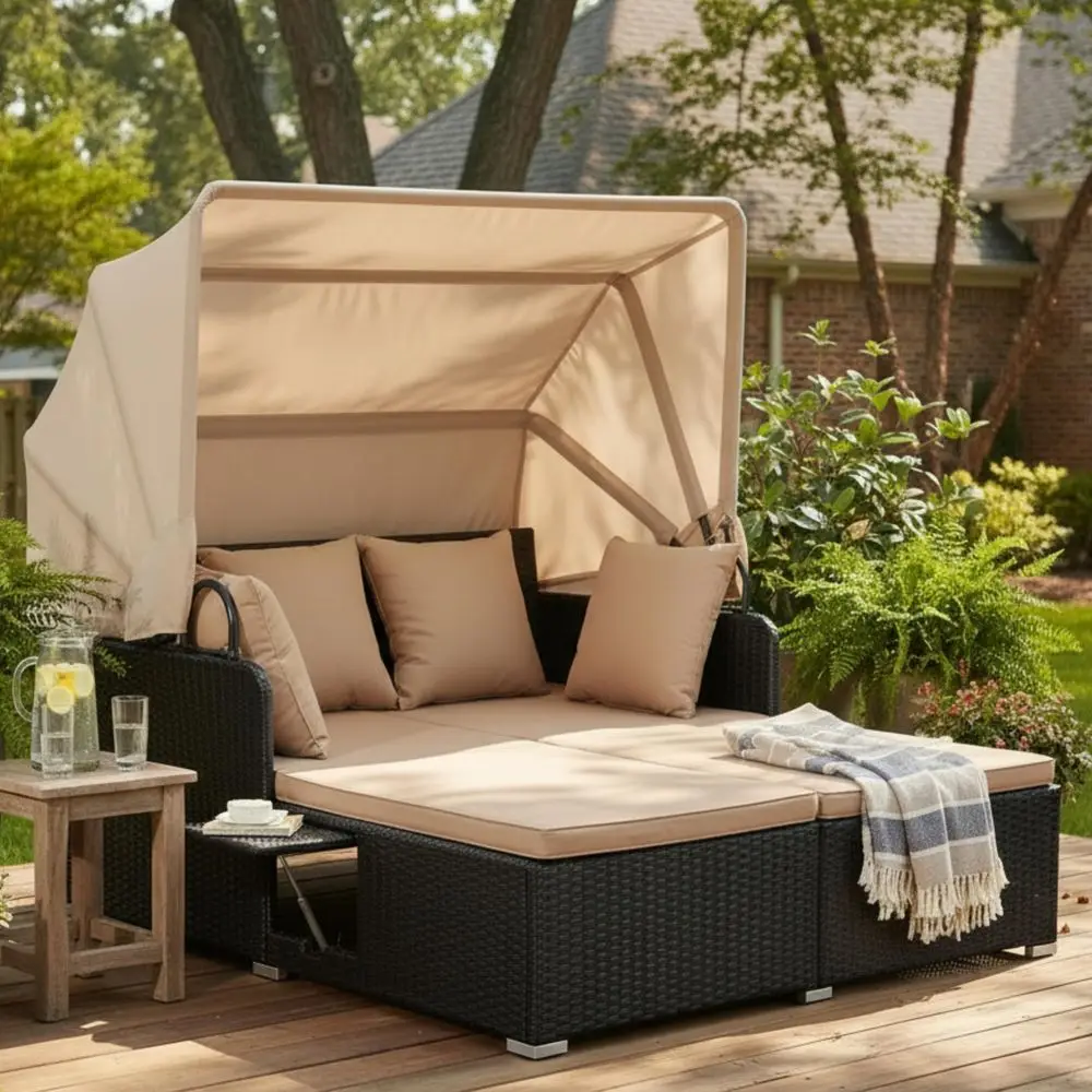 

Patio Rattan Daybed with Retractable Canopy, Outdoor Wicker Sunbed Lounger with 2 Foldable Side Tables, Thick Seat amp Back Cus