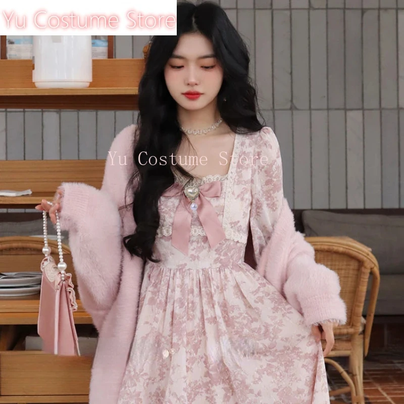 

Elegant Fashion Long Sleeve Pink Dress for Women Sumemr New Square Collar Bow Dresses Y2k E-Girl High Waist Vestidos Yu Costume