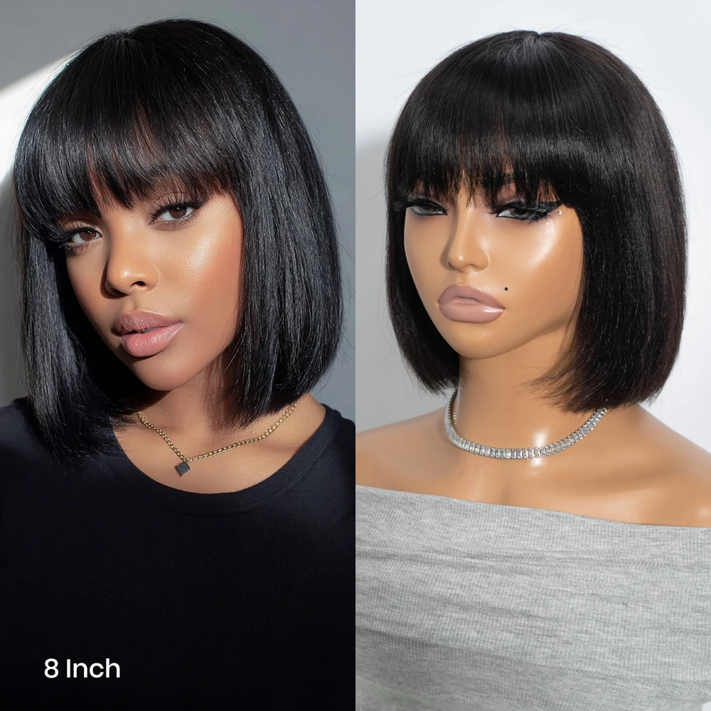 

Парик Rebecca Short Straight Bob из 100% натуральных человеческих волос с челкой для женщин, бразильские волосы Remy, цвет 1B 99J, полностью машинной работы.