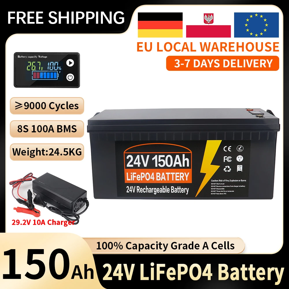 Batteria al litio ferro fosfato LiFePO4 12V 24V 150Ah 200Ah 350Ah, Grado A, BMS 100A, oltre 9000 cicli con interruzione a bassa temperatura, per camper, impianti solari, motori elettrici, disponibile