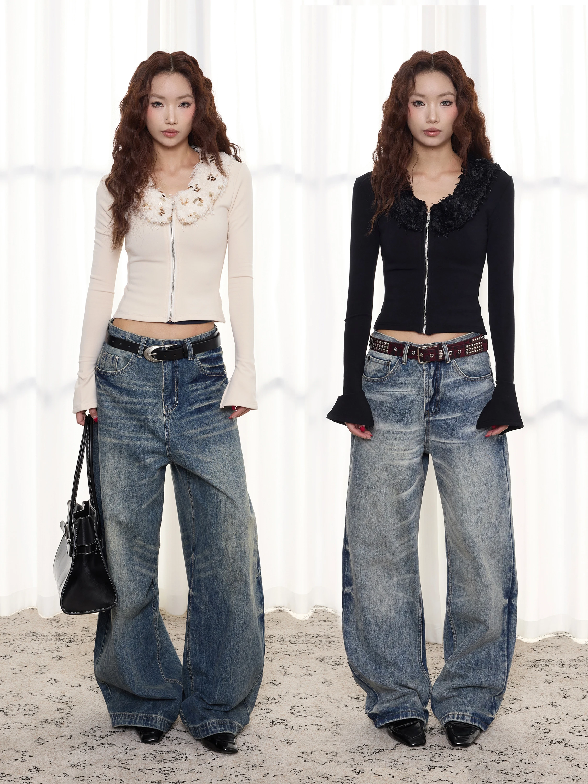 

Футболка Slim Fit с V-образным вырезом и бисером, в американском ретро-стиле, сексуальная, с длинным рукавом, дышащая, приятная к телу.