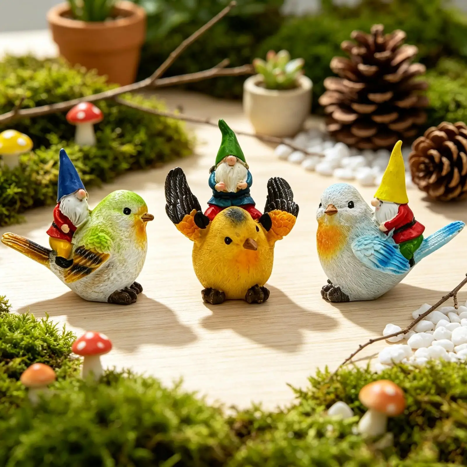 Miniature Gnomes for Fairy Garden 3 Pieces Resin Riding Bird Figurine Weather-Resistant Desktop Fairy Garden Accessories