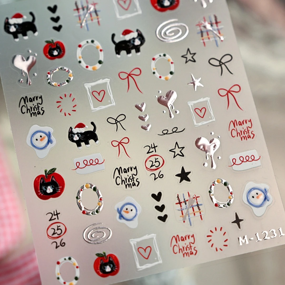 Guirnalda de muñeco de nieve de gato negro, lazo de estrella, Lava, amor, corazón, manzana, sombrero de Navidad, conejo, pegatinas autoadhesivas para decoración de uñas, calcomanía para manicura