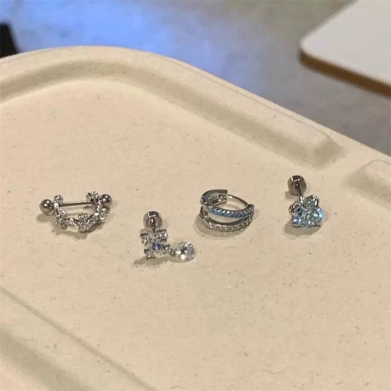 Y2K Shiny Blue Zircon Cross Stainless Ateel Ear Bone Nail for Women 2025 New Fashion Small Earrings Cochlea Accessories