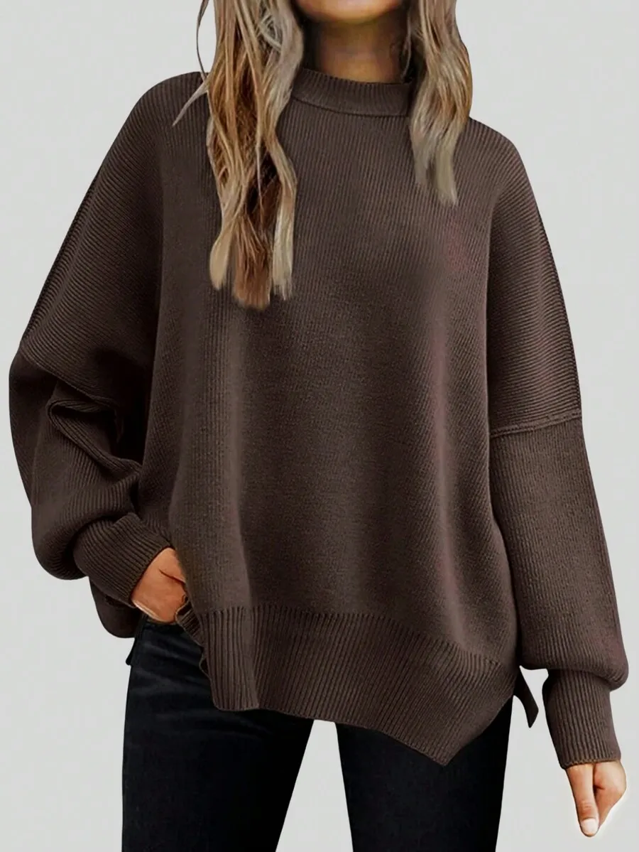 

Brown Mock Neck Drop Shoulder Split Hem Loose Knit Pullover Sweater