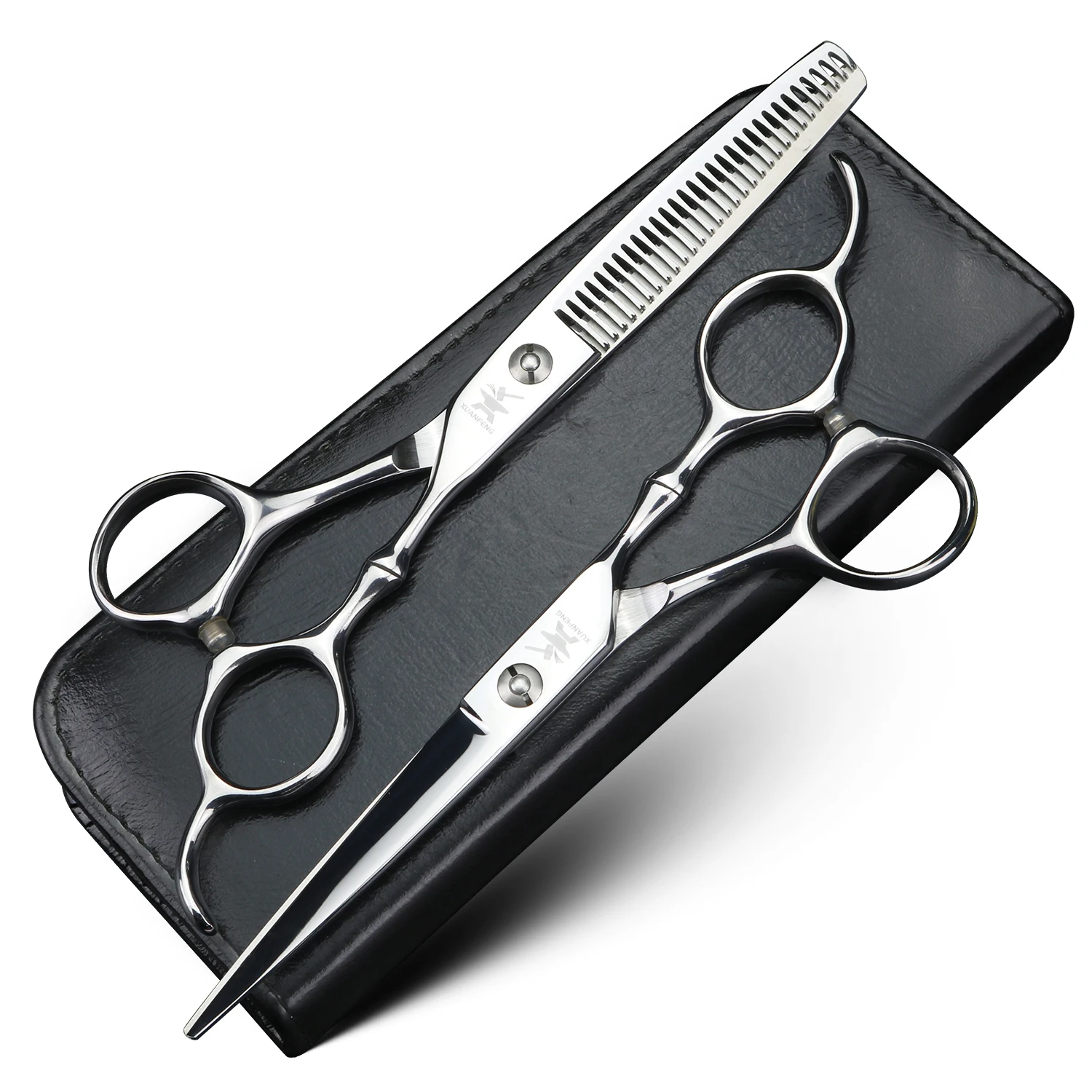 

XUANFENG silvery Handle Hair Scissors 9cr18 Steel Gold Screws 6-inch Barber Cutting Scissors and Thinning Scissors Set