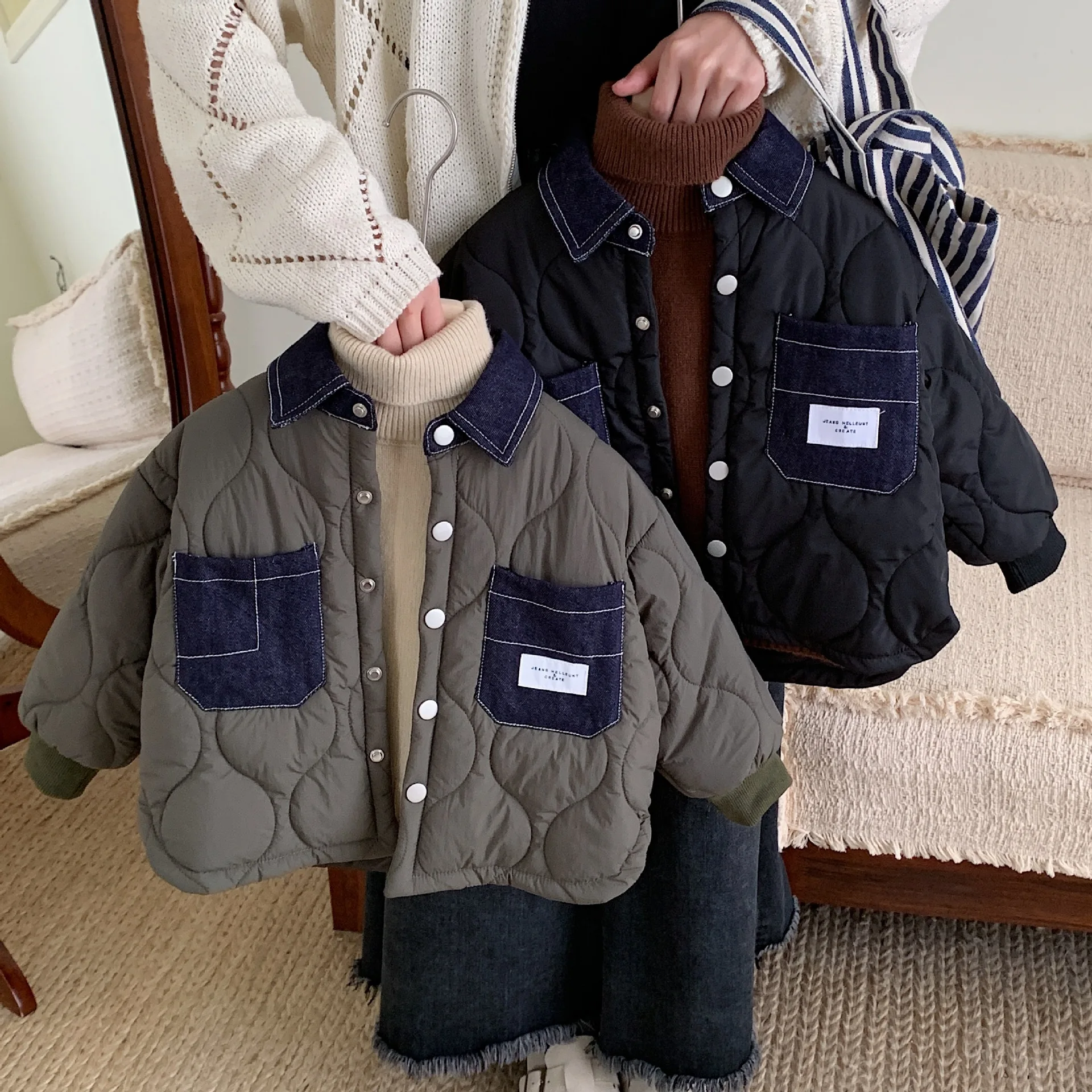 2024 Winter Childrens Boys Coat Denim Collar Quilted Cotton Versatile Pocket Kids Baby Boys Jacket Toddler Boys Outerwear Parkas