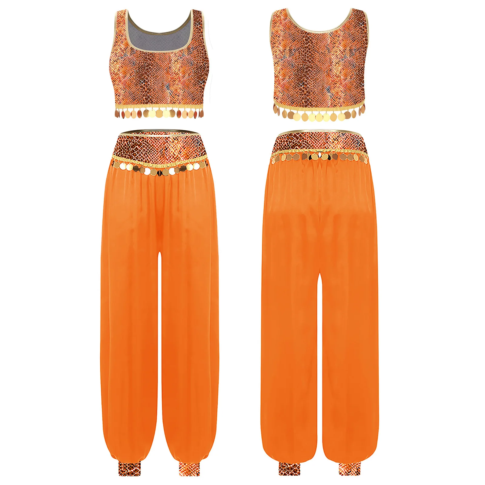 

Women's Belly Dance Snakeskin Print Outfits Sequin Fringe Tank Tops Vest with Tassel Harem Pants Suit Belly Indian Dance Costume