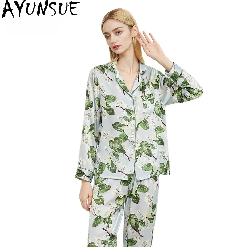 

AYUNSUE Natural Mulberry Silk Sleepwear Women 16MM 100% Real Silk Spring Summer Clothes Pajama Set Long Sleeve Top Pants Print