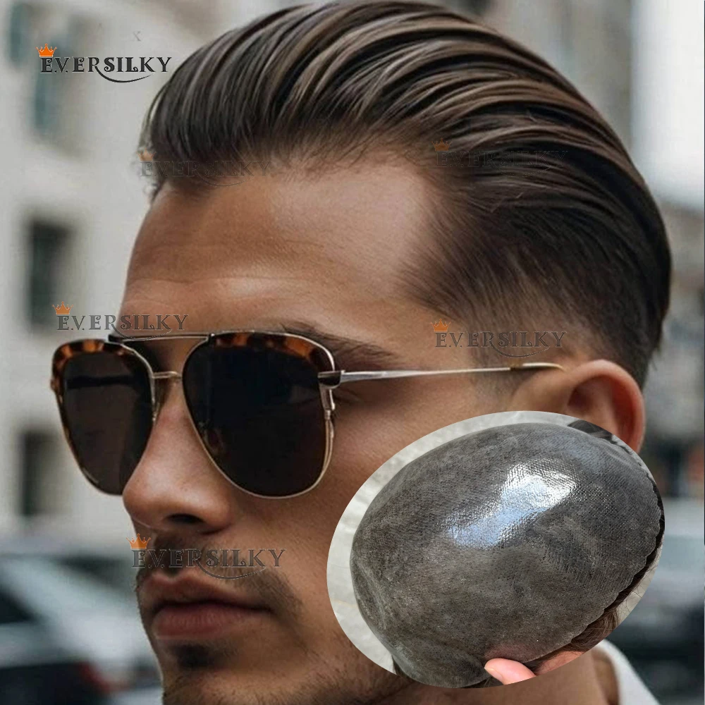 Natural Hairline Men's Toupee Brown Blonde BlackGray Human Hair Wigs Super Durable 0.1mm Injection Full PU Capillary Prosthesis