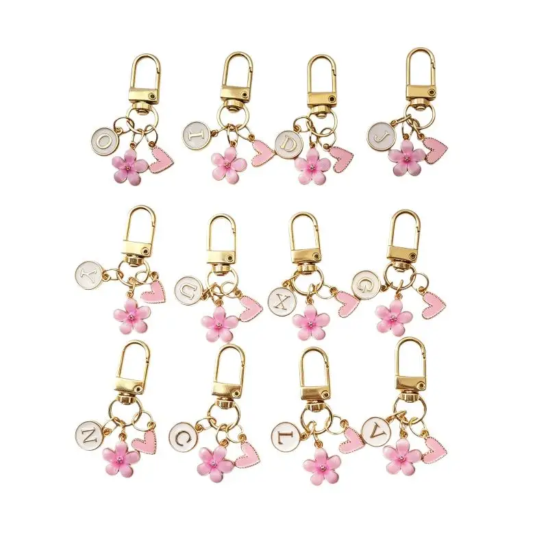 Emaille-Herzanhänger Schlüsselanhänger Rosa Kirschblüte A-Z Initialen Schlüsselanhänger für Paare Rucksackanhänger – Detail 6