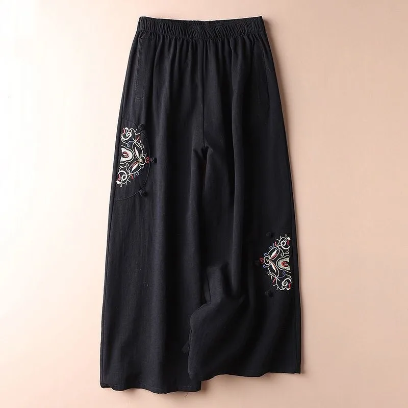 Vintage Folk Summer Cotton Hemp Thin Style Embroidery Women\'s Elastic Waist Frog Casual Loose Wide Leg Ankle Length Pants