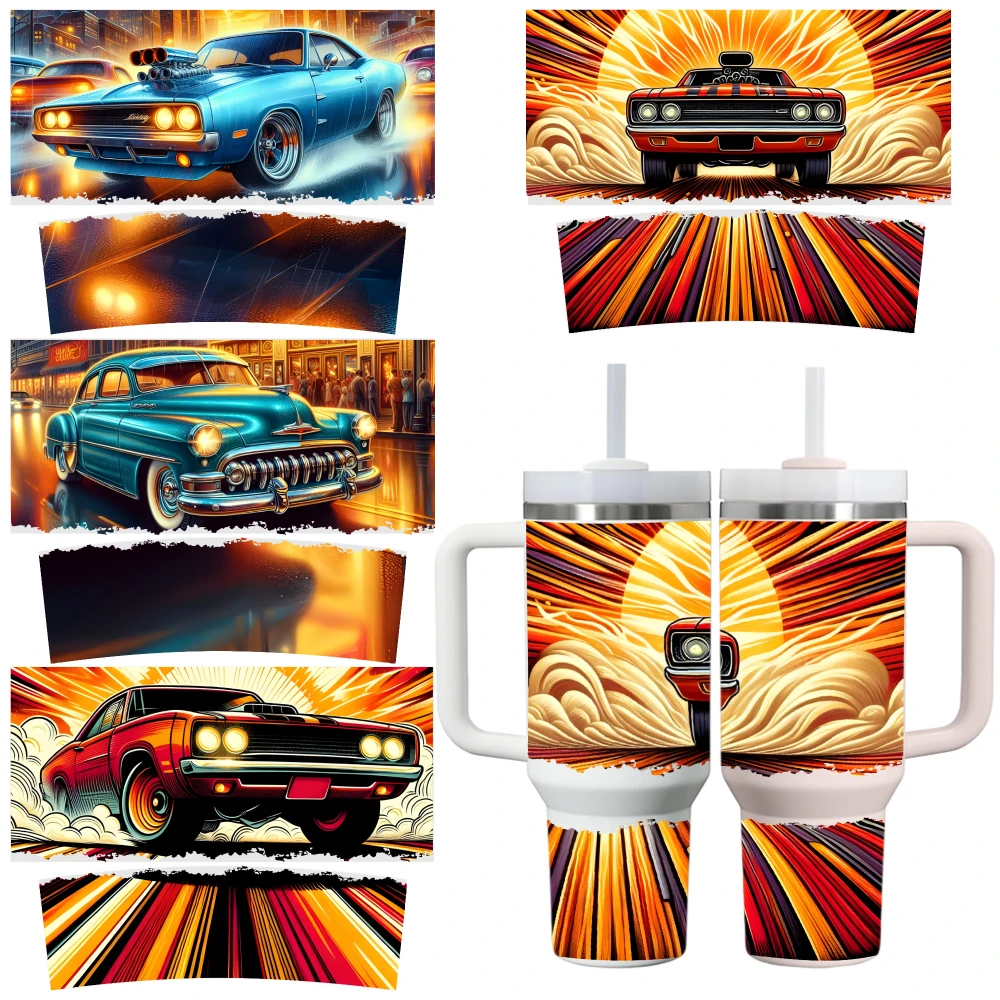 4 Sheets Classic Car Artwork UV DTF Stickers for 40oz Tumblers Decorative Transfer Paper Waterproof DIY Decals Waterproof DIY
