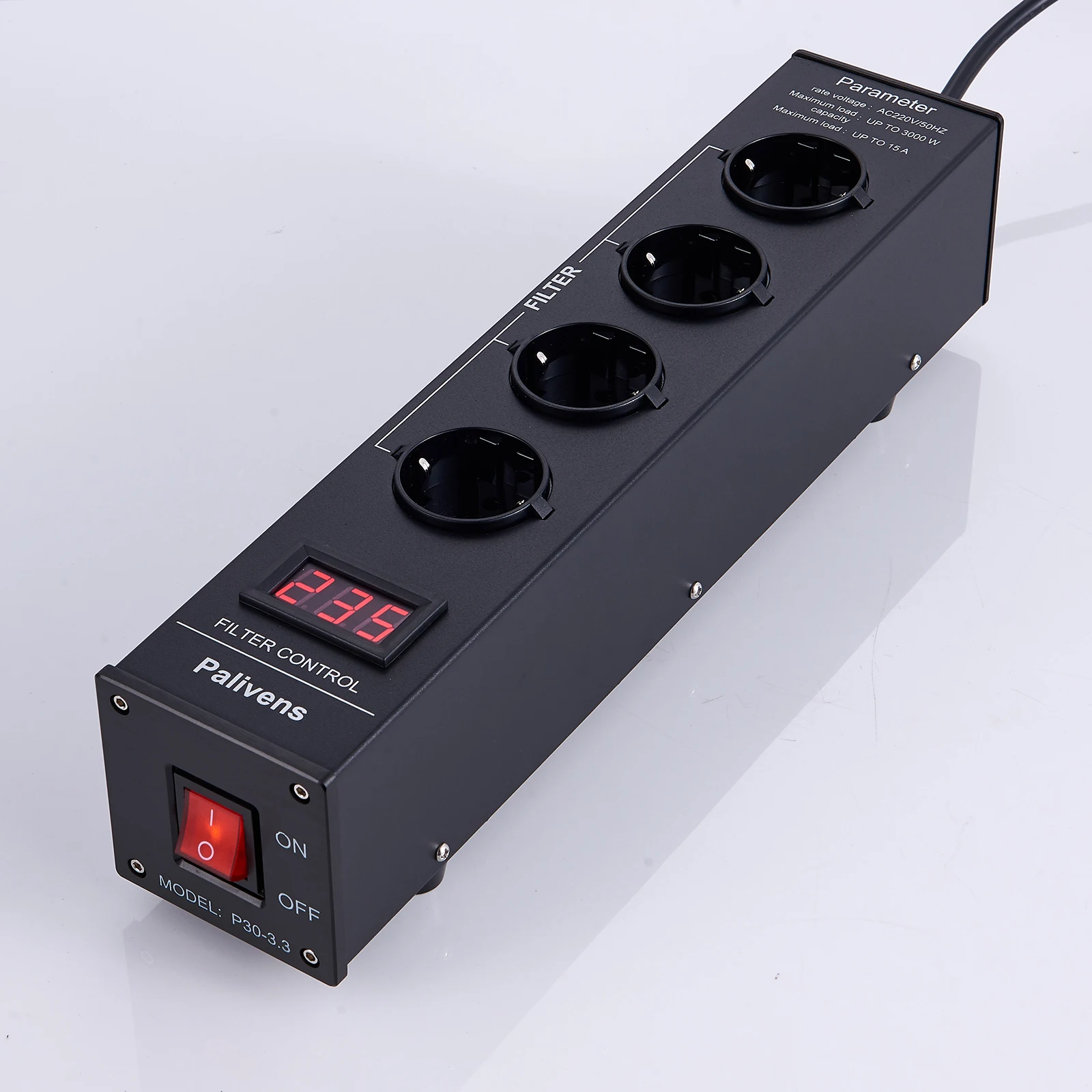 

Pailvens Power Filter Power Strip Hi-fi 4 compartment Anti-interference Filter socket with LCD Display Surge Protection Black/Grey