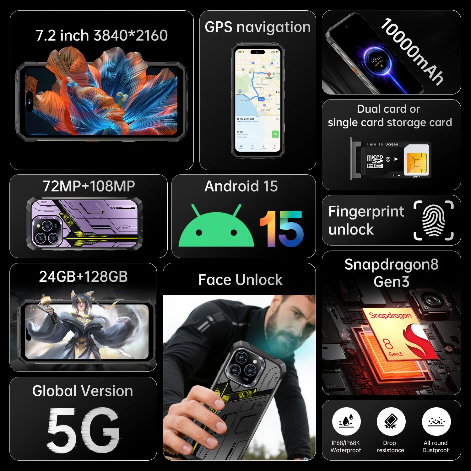 [العالم الأول] IVMI هاتف ذكي متين 16PROMAX وذاكرة وصول عشوائي 24 جيجابايت + 128 جيجابايت وذاكرة وصول عشوائي 7.2 بوصة HD + شاشة أندرويد 15 108 ميجابكسل كاميرا رئيسية 10000 مللي أمبير في الساعة