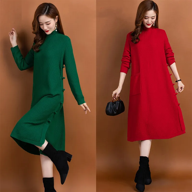 

2024 Women Elegant Bodycon Warm Wool Sweaters Winter Vintage Knitting Turtleneck Sweater Autumn Plus Size Long Sleeve Maxi Dress